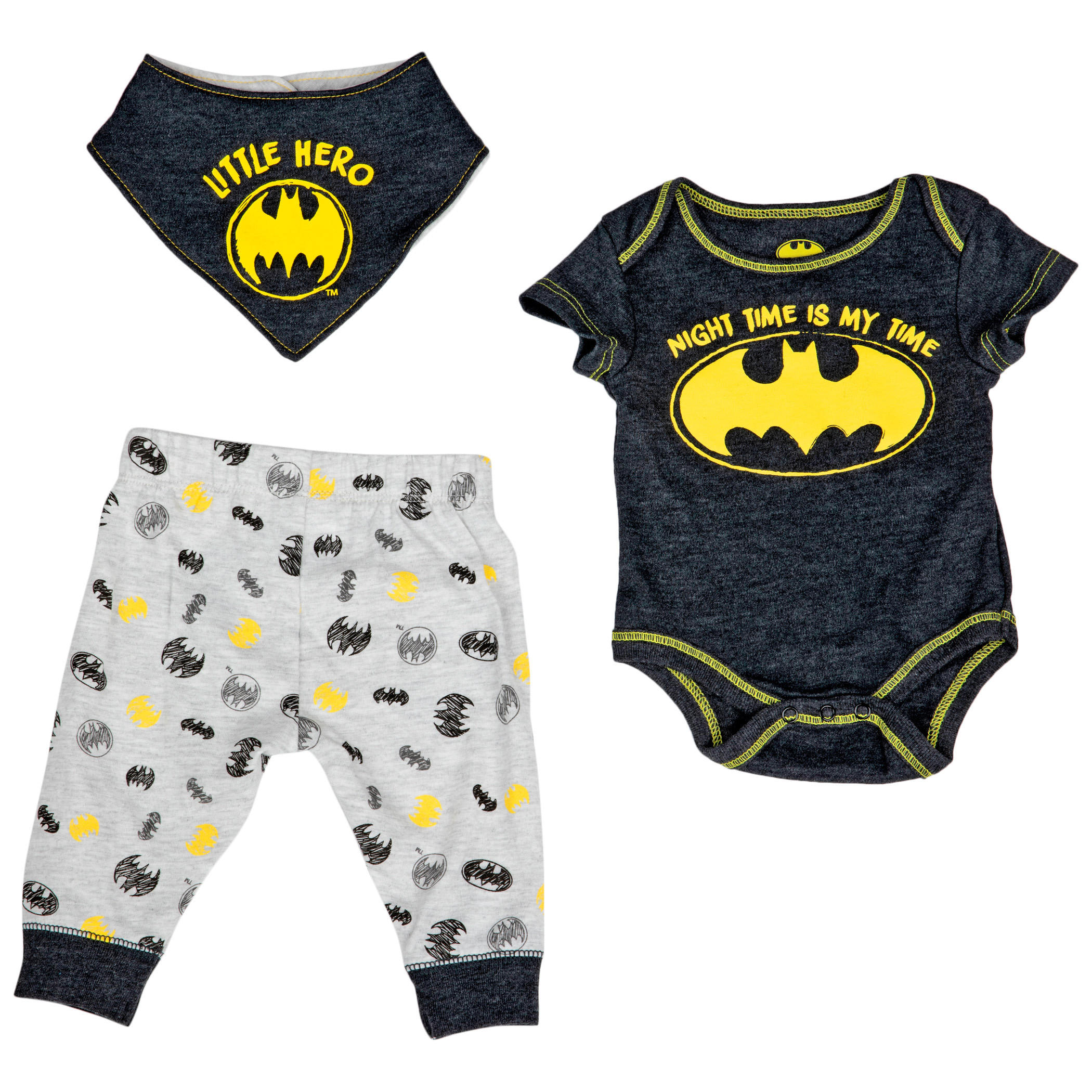 Batman Night Is My Time 3-Piece Infant Bodysuit Pant and Bib Set